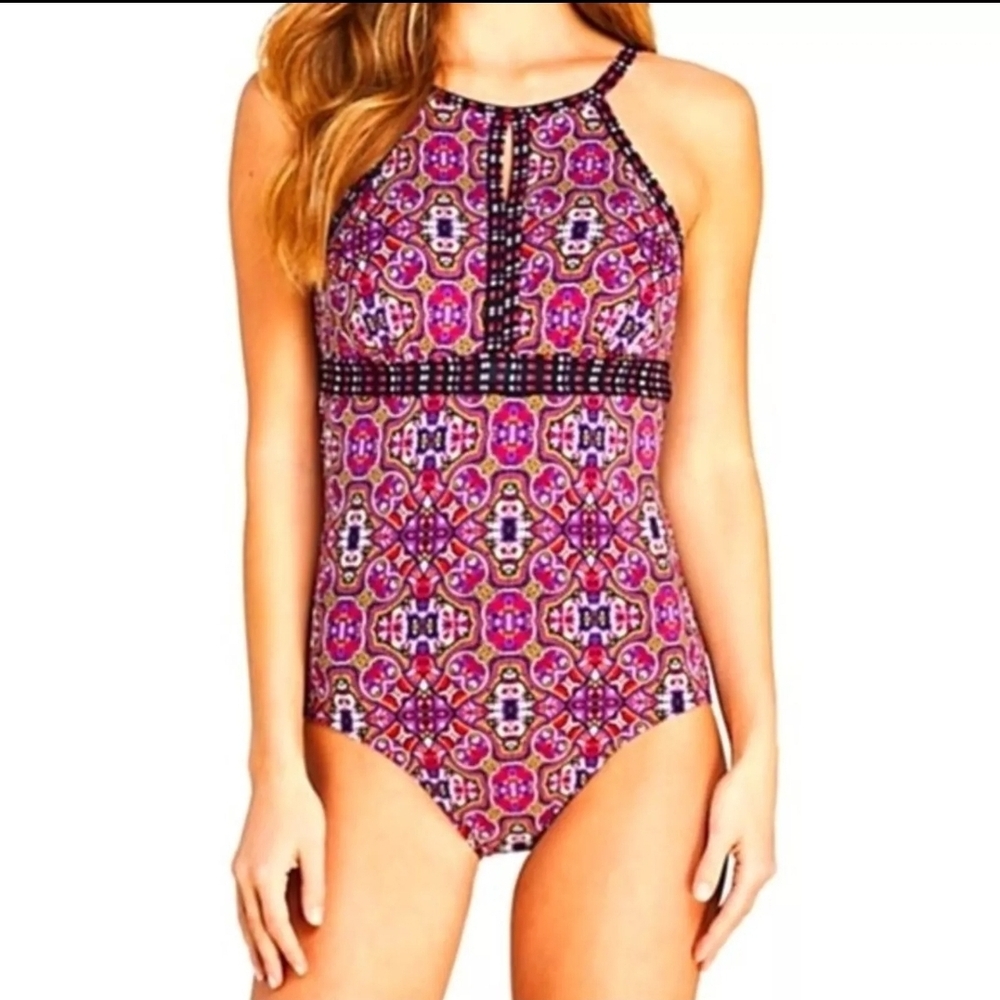 Lands' End Women's One Piece Swimsuit - Pink and Purple Pattern